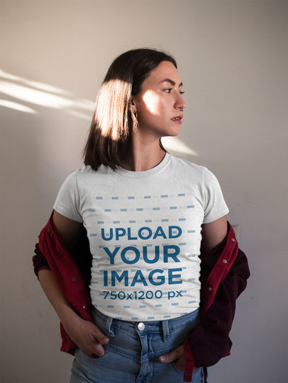 Crewneck Tee Mockup Featuring an Indie Girl Posing Against a White Wall 19689