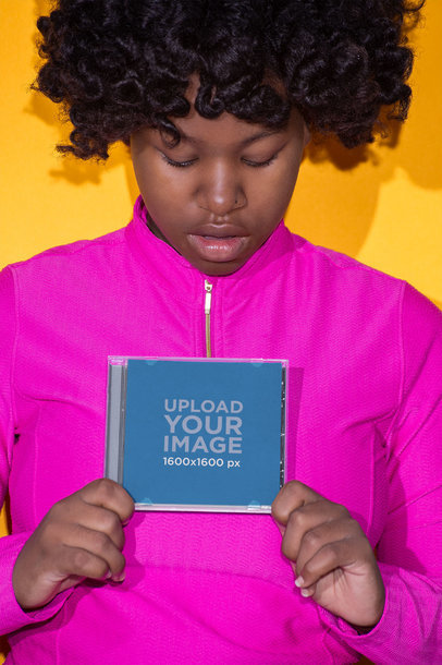 CD Cover Mockup Featuring a Woman with Curly Hair