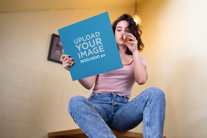 Vinyl Mockup Featuring a Cool Woman Wearing a Striped Tee 22098