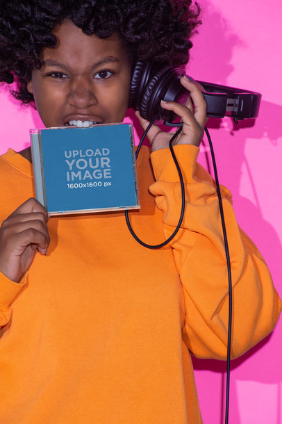 CD Cover Mockup Featuring a Woman Listening to Her Headphones