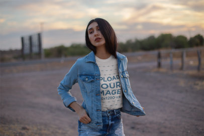 T-Shirt Mockup of a Brunette Woman Posing in a Denim Outfit Outdoor 