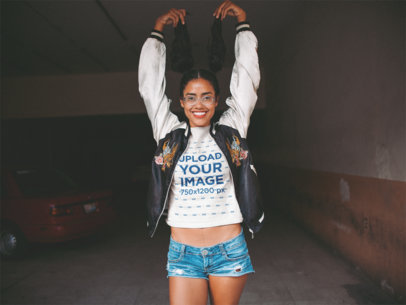 T-Shirt Mockup of a Woman Holding Up Her Pigtails