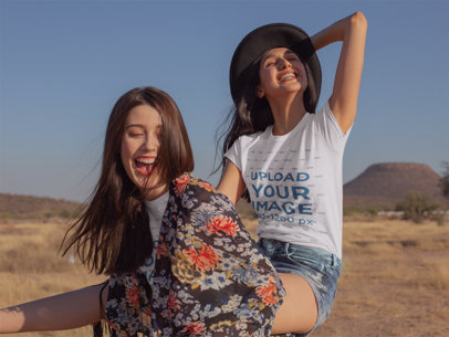 Camping T-Shirt Mockup Featuring Two Very Happy Women