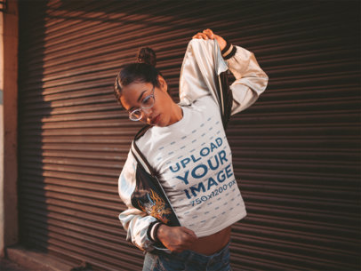 T-Shirt Mockup of a Woman Putting On Her Jacket