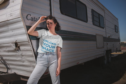 T-Shirt Mockup of a Woman Standing in Front of an RV Living the Van Life 20018
