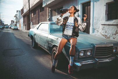  T-Shirt Mockup of a Woman Drinking Beer Outside