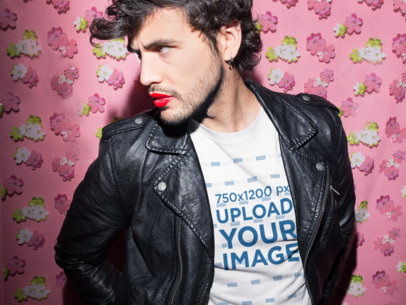 T-Shirt Mockup Featuring a Handsome Man with Red Lipstick