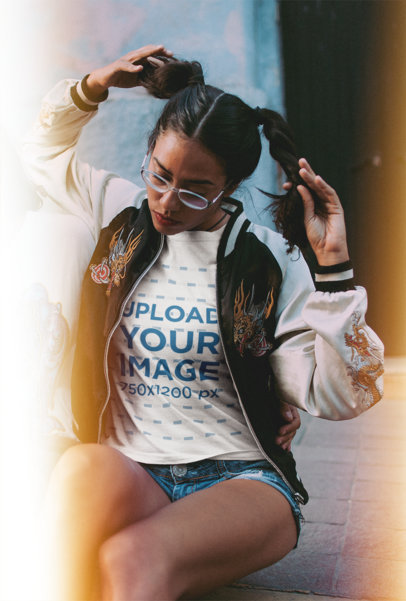 Round Neck Tee Mockup Featuring a Woman in a Vintage Jacket and Pigtails