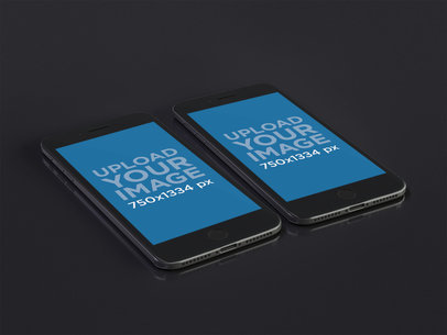 Mockup of Two iPhones 8 Floating Over a Dark Surface
