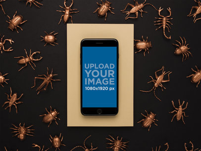 iPhone 8 Mockup Lying on a Metallic Insect Pattern Background 22186