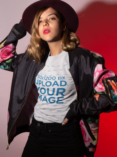  T-Shirt Mockup Featuring a Woman Bomber Jacket