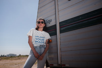  T-Shirt Mockup of a Woman Casually Leaning on an RV 20042