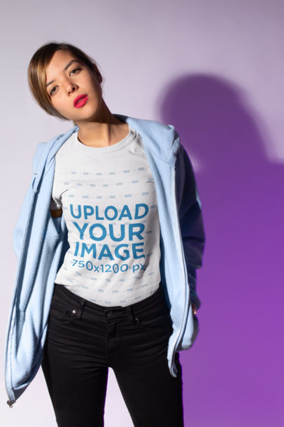 Crewneck Tee Mockup Featuring a Serious-Looking Woman in a Casual Outfit