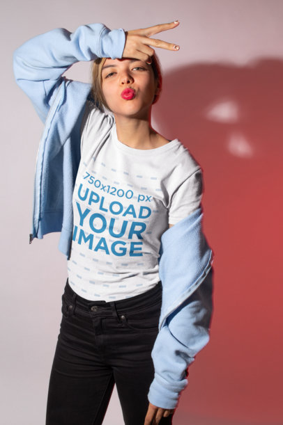 Tshirt Mockup Featuring a Girl Sending a Kiss in a Studio 18585