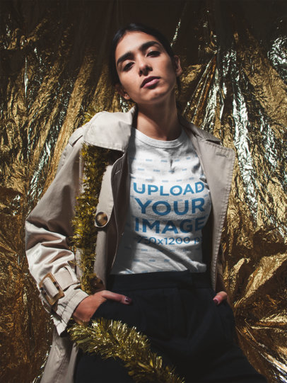 T-Shirt Mockup of a Woman with Golden Decorations