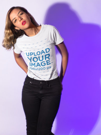 T-Shirt Mockup Featuring a Woman Wearing Dark Jeans