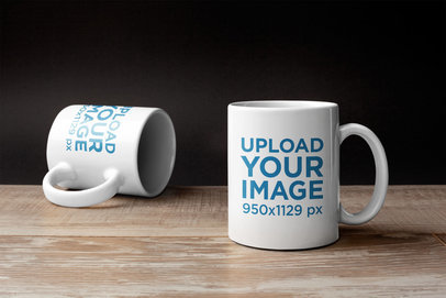 Mockup of Two Coffee Mugs on a Wooden Surface