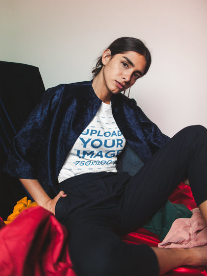 T-Shirt Mockup of a Woman Wearing a Dark Blue Jacket