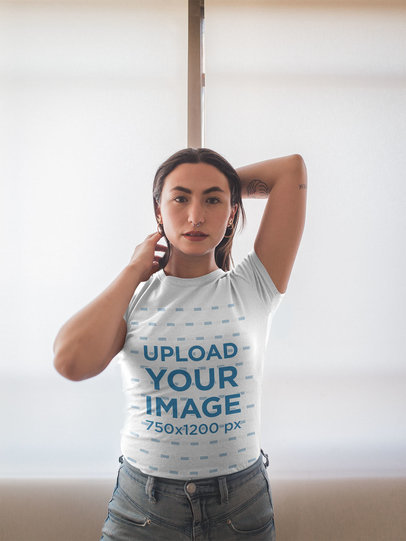 Crewneck Tee Mockup of a Tattooed Girl with a Septum Earring 19749