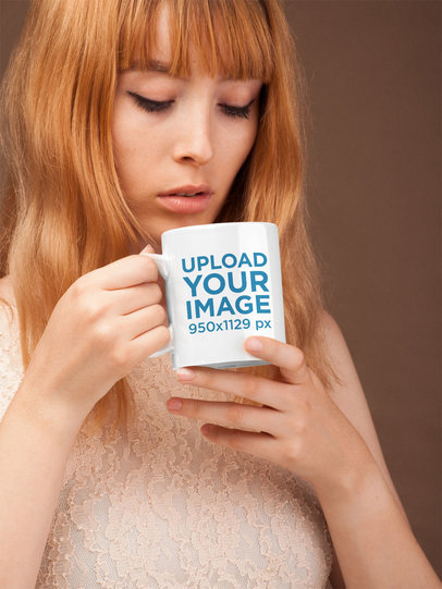 Coffee Mug Mockup Featuring a Cute Woman with Strawberry Blonde Hair