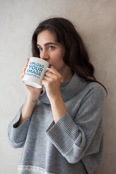 Mug Mockup Featuring a Woman Drinking Coffee in the Morning