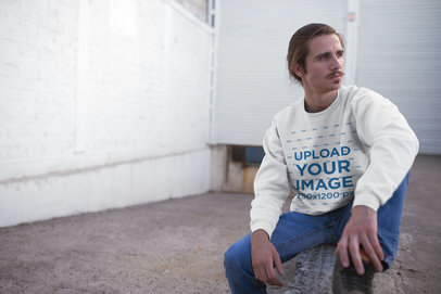 Crewneck Sweatshirt Mockup Featuring a Man with Long Hair and Mustache 