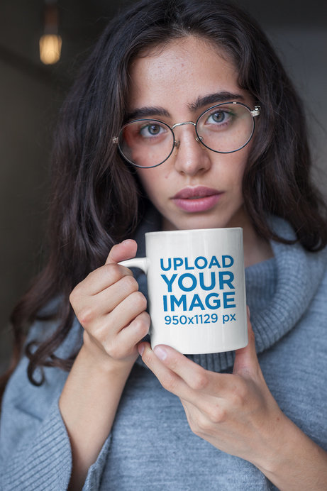 Coffee Mug Mockup Featuring a Woman with Round Glasses