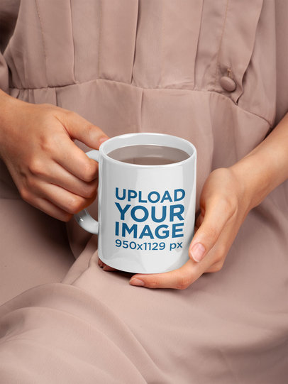 Coffee Mug Mockup Featuring an Elegant Woman Wearing a Tan Dress 22420