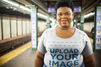 Plus Size T-Shirt Mockup of a Woman In Front of a Blurred Subway Setting