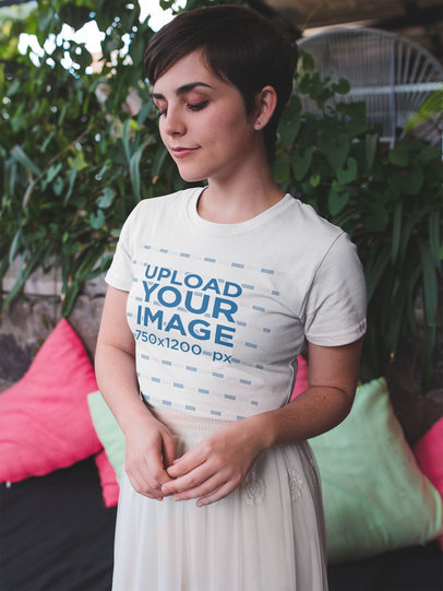 Mockup of a Woman with Short Hair Wearing a Round Neck Tee