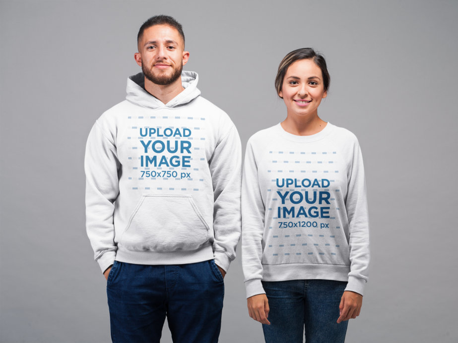 Mockup Featuring a Man Wearing a Hoodie and a Smiling Woman with a Sweatshirt 