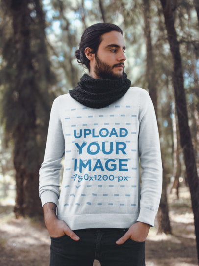 Mockup of a Fashionable Man Wearing a Sweater in the Woods