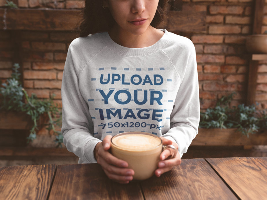 Sweatshirt Mockup of a Woman With a Latte in Her Hands