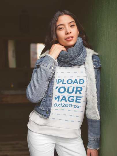 Sweater Mockup of a Girl Wearing a Faux Wool Lined Denim Jacket 18137