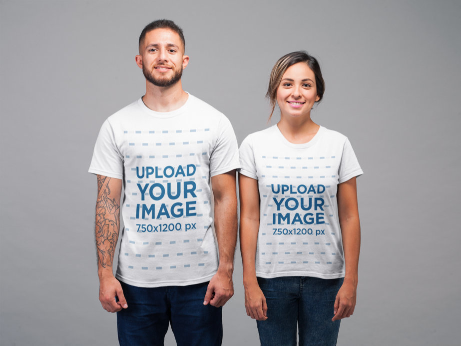 Mockup of a Man and a Woman Wearing T-Shirts and Smiling in a Studio
