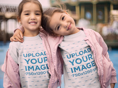 Round Neck Tee Mockup Featuring Little Twin Sisters Hugging