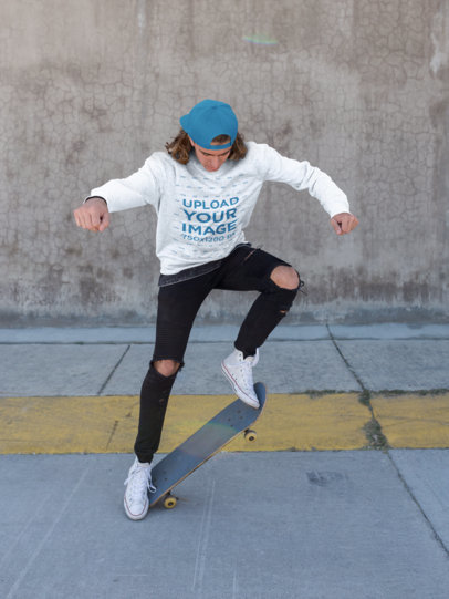 Mockup of a Man Wearing a Sweatshirt Doing Skate Tricks