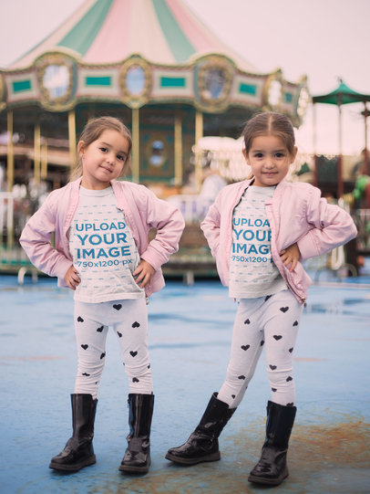 Mockup of Little Twin Girls Wearing T-Shirts by a Carousel