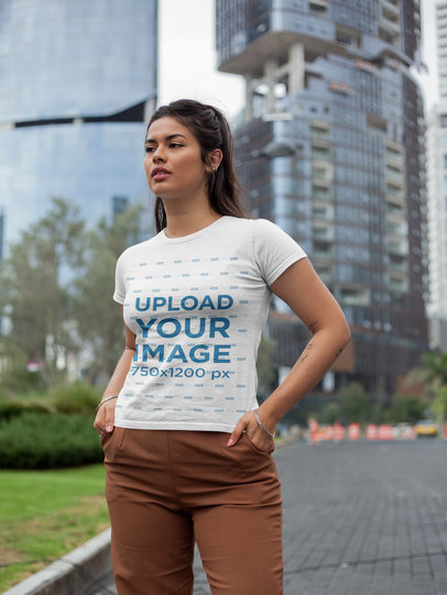 T-Shirt Mockup of a Beautiful Woman in the City