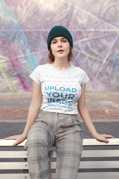 Mockup of a Woman Wearing a T-Shirt and a Beanie Hat
