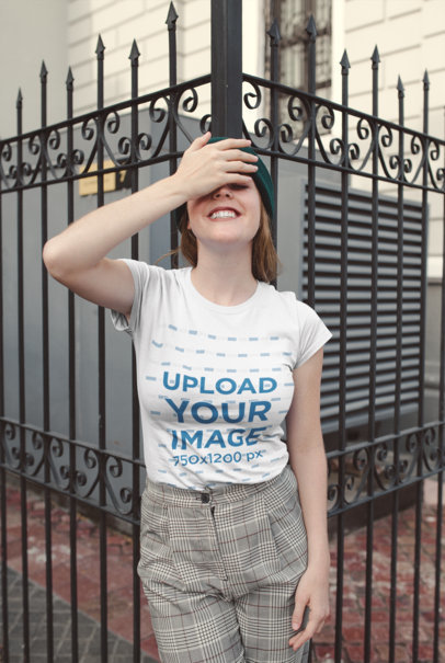 Mockup of a Woman Wearing a T-Shirt and Checkered Pants