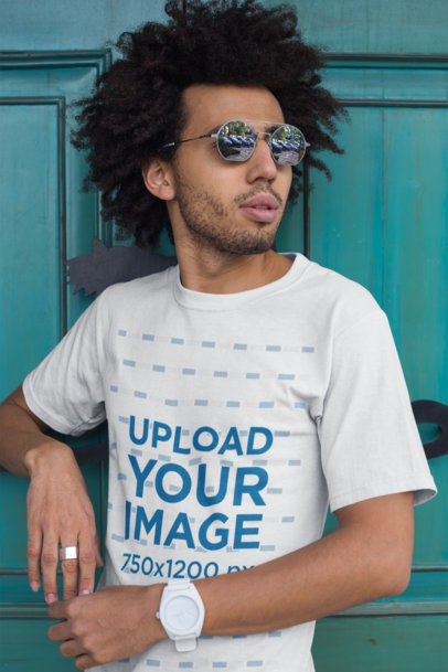 Mockup of a Man with an Afro Wearing a T-shirt a Ring and a Watch