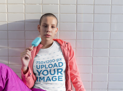 Round Neck Tee Mockup of a Short-Haired Woman Holding a Popsicle