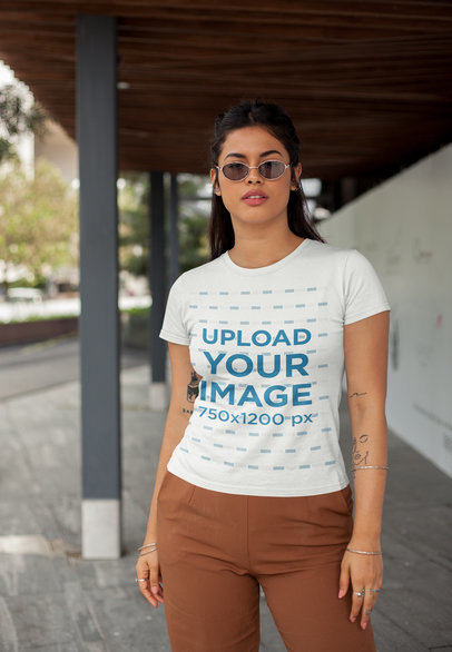 Round Neck Tee Mockup of a Woman with Round Sunglasses 
