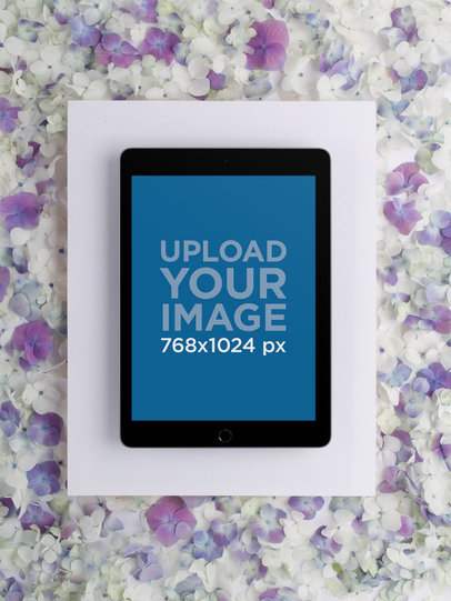 iPad Mockup Over a Backdrop Full of Lilacs 22712
