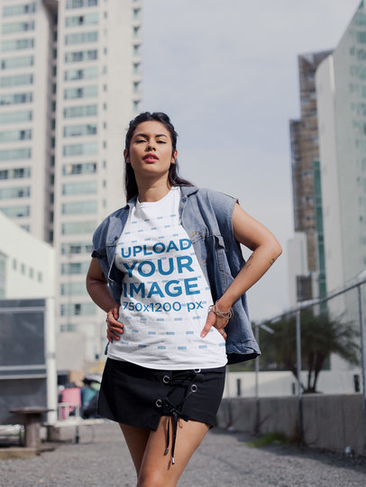 T-Shirt Mockup Featuring a Woman Wearing a Tie Up Skirt