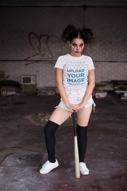 Halloween T-Shirt Mockup of a Woman with Clown Makeup and a Baseball Bat