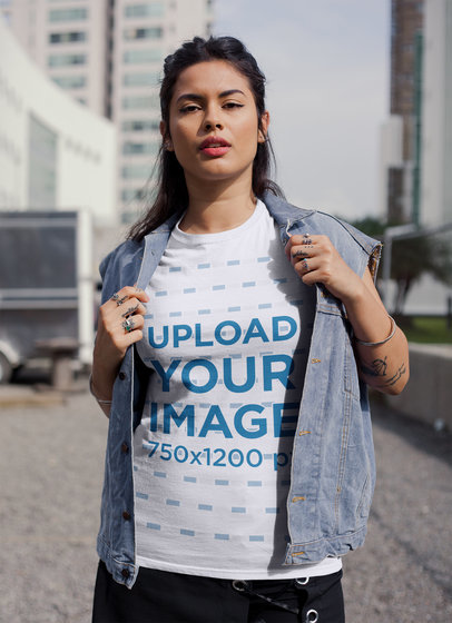 Round Neck Tee Mockup of a Woman with a Denim Vest on the Street