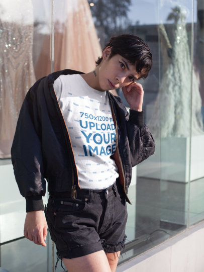 Round Neck Tee Mockup of a Woman Standing Outside a Wedding Dress Shop