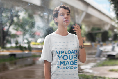 Round Neck Tee Mockup of a Girl Smoking Near a Bridge 22738